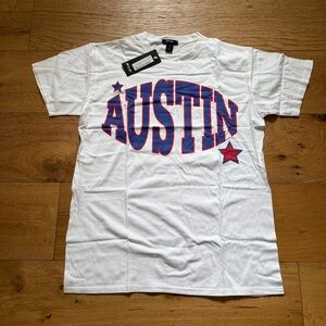 Nasty Gal White Tee with Blue and Red Austin Print NWT